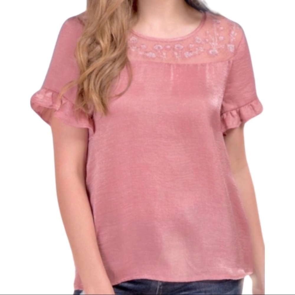 FRANCESCA’S Pink Embroidered Sheer Top​​​​​​​​​​​​​​​​​​​​​​​​​​​​